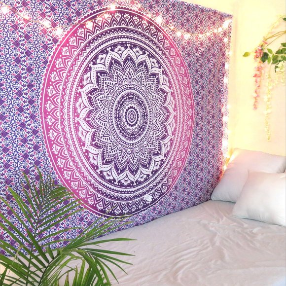 Oussum Pink Cotton Boho Hippie Twin Tapestry Wall Hanging for Home Decor - Picture 1 of 4